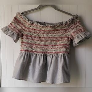 Style Envy Off-Shoulder Smocked Peplum Top, Size L - Red, Black & White Stripes